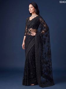 Sari de Seda Negro Bordado con Blusa de Encaje, Elegante Vestido Largo para Bodas Indias, Corte Regular para Mujer, Todas las Temporadas - Product Image 5