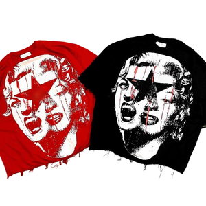 T-shirts surdimensionnés en coton épais pour hommes, style streetwear, col rond, effet vieilli, tricotés, graphiques, épaules tombantes - Product Image 6