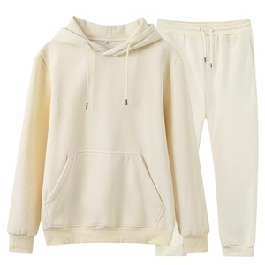 Unisex Cream Hooded Tracksuit Full Sleeve Solid Color Casual Jogging <b>Set</b> With Drawstring Closure And Side Pockets Autumn Wear - Product Image 3