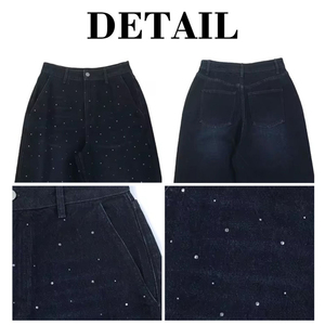 Vaqueros de mezclilla personalizados con pedrería para mujer, de pierna ancha, desgastados, con brillo de cristal, estilo urbano, de cintura alta, de diseñador, OEM - Product Image 5