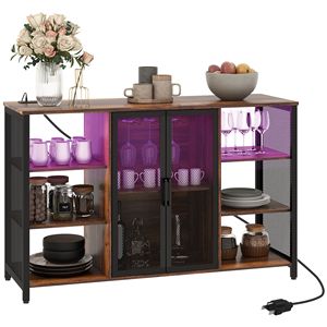 Mobile Bar Rustico Marrone con Luci LED, Stazione di Ricarica, Portabicchieri e Ripiani Aperti - Product Image 1