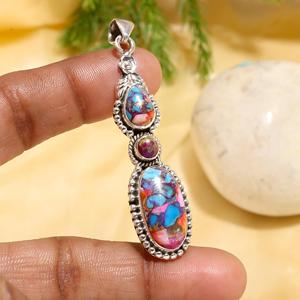 Colgante para Mujer de Plata de Ley 925 con Gema de Turquesa y Ostra Espinosa Rosa Natural, Joyería Bohemia Hecha a Mano, Regalo de Cumpleaños de Diciembre - Product Image 1