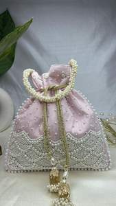 Sac Potli en Soie Crème de Qualité Supérieure, Broderie Florale Multicolore, Travail de Perles, Pochette à Cordon pour Femme, Sac à Main de Soirée pour Mariage - Product Image 5