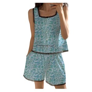 Ensemble pyjama court en coton imprimé à la main avec dentelle, style vintage indien, motif floral sans manches, collection printemps/été, imprimé au bloc artisanal - Product Image 3