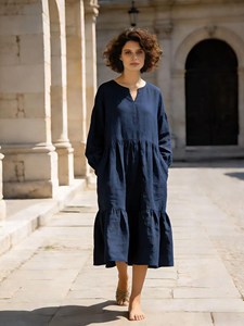 Robe longue élégante bleu marine à col rond pour femme, coupe ample, avec ourlet à volants, robe midi décontractée - Product Image 4
