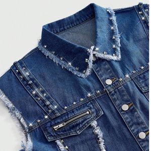 Gilet en jean à col rabattu, couleur unie, vêtement d'extérieur décontracté, en coton tissé, simple boutonnage, détails effilochés, idéal pour le printemps - Product Image 6
