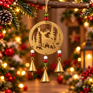 Médaillon renne forestier avec découpes dorées antique, perles rouges et vertes et trois clochettes effilées pour la décoration de Noël - Product Image 2
