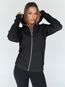 Sudadera con Capucha y Cierre Completo para Mujer, Corte Regular, Color Sólido, Tejido de Algodón y Fibra de Bambú, Ropa de Otoño - Product Image 4
