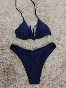 Conjunto de Bikini Triangular a Rayas/Cuadros de Color Sólido para Mujer, Traje de Baño de Dos Piezas con Corte Alto, Escote en V Profundo y Transpirable - Product Image 3