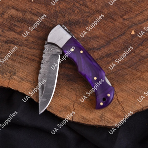 Luxury Custom Damascus Steel Industrial Folding Pocket Knife Drop Point Epoxy Handle Men's EDC Hunting Camping Genuine <b>Leather</b> - Product Image 4