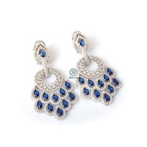 Nihara Fine Dangle Earrings Peacock Feather Design Sapphire Blue - Product Image 4