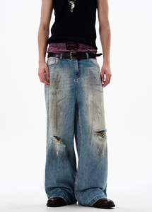 Pantalon en jean vintage délavé pour homme, style crayon, effet moustaches, tendance - Product Image 2