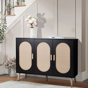 FCH 3-Door Vertical Shoe Cabinet Particle Board <b>Plastic</b> Rattan Black <b>Frame</b> Original Wood Rattan Surface Gold High Feet Shoe Rack - Product Image 1