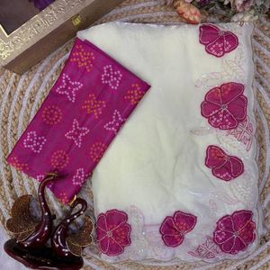 Sari en soie Designer Space avec broderie de sequins et bordure festonnée, accompagné d'un chemisier imprimé, prix de gros par Royal Export - Product Image 5