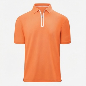 Men's <b>Orange</b> Short Sleeve Knitted <b>Polo</b> Shirt With Zipper Solid Color Golf Style Regular Fit - Product Image 1