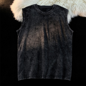 OEM Customized Logo Embroidery Heavyweight Pure Cotton Washed Distressed Unisex Oversized Sleeveless Sports Casual Tank T Shirt - Product Image 2