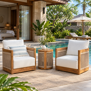Chaise de jardin en teck d'extérieur avec coussin, siège de patio en rotin tressé, structure en bois, pour bord de piscine, mobilier d'extérieur contemporain - Product Image 1