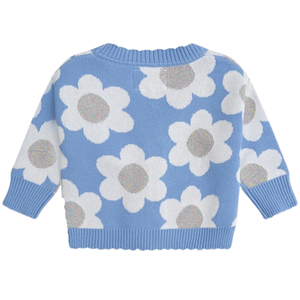 Cardigan en tricot bleu ciel pour bébé avec motif floral blanc, en coton doux, boutonné devant, pour nouveau-né, nourrisson et tout-petit - Product Image 2