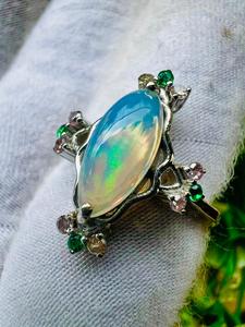 TASBIYA GEMS Vintage <b>Opal</b> Gemstone <b>Ring</b> 925 <b>Silver</b> Rhodium Plated Minimalist Prong Setting Flower Shape Women's Engagement - Product Image 1
