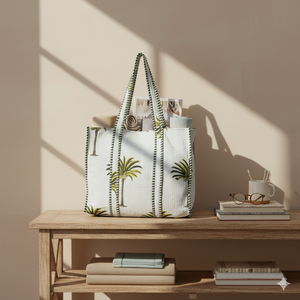 Luxury White 100% Cotton Quilted Tote <b>Bag</b> with Palm <b>Tree</b> Print Long Handle Lightweight Travel & Shopping <b>Bag</b> - Product Image 2