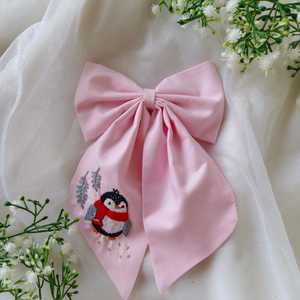 Fabric Hair <b>Bow</b> Ribbon with Christmas Embroidery Long Tail Hair Accessory for Girls Holiday Party Wear <b>Clip</b> Bulk - Product Image 3