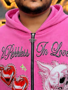 Custom <b>Pink</b> Rhinestone Graphic Zip <b>Hoodie</b> Unisex Regular Fit Formal 100% Cotton Eco-Friendly Breathable Flame Skull Heart - Product Image 4