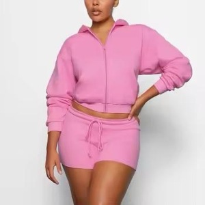 <b>High</b> Quality Wholesale New Design Custom Logo Casual Above <b>Knee</b> Full Zip Cotton Women's 2 Piece Shorts Set - Product Image 1