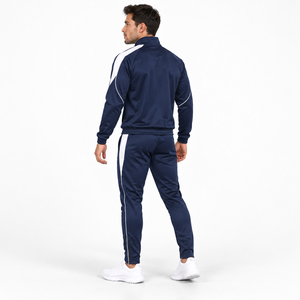 Ensemble de survêtement bleu marine pour homme avec fermeture éclair intégrale, bande blanche, logo personnalisé, style sportif, en polyester, pour l'automne - Product Image 4