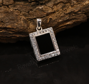 High Quality 925 Silver Rhodium Plated 8x10mm Rectangle <b>Black</b> Onyx Gemstone Bezel Setting Pendant CZ Classic Unisex Gift Jewelry - Product Image 1