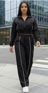 Womens Black 2 Piece Sporty Tracksuit <b>Set</b> Full Sleeve Stand Collar <b>Knitted</b> Polyester Loose Fit All Seasons Wear - Product Image 5