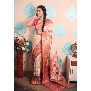 ผ้าไหมเพทีไนท์ลายครีม ซารี ผ้าไหมทอ ลายนกยูง สำหรับเสื้อผ้าอินเดียและปากีสถาน - Product Image 2