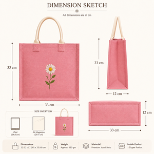 Pink Jute Tote Bag With <b>Daisy</b> Embroidery Medium Size Hand Carry Shopping Bag - Product Image 2