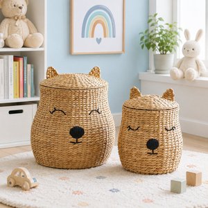 Wholesale Water Hyacinth Bear <b>Basket</b> with Lid Handmade Woven Kids <b>Toy</b> <b>Storage</b> <b>Basket</b> Nursery Organizer Home Decor OEM - Product Image 5