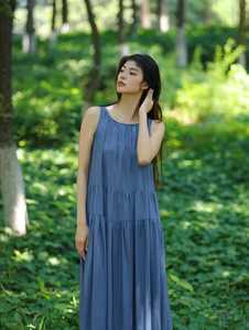 Women Sleeveless Cotton Midi Dress Loose Fit Tiered A Line Casual Summer Dress Blue Minimalist Style - Product Image 3