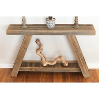 Table de canapé moderne en fer vieilli avec étagère inférieure à lattes ouvertes et base tréteau, pour salon, hôtel, présentoir