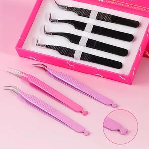 Eyelash Tweezers Set Stainless Steel Precision <b>Tools</b> <b>Pink</b> <b>Box</b> Packaging Smooth Tip For Eyelash Application - Product Image 4
