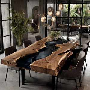 Table à manger en bois d'acacia à bord naturel et résine époxy - Table à manger rectangulaire en bois massif sur mesure pour la maison, le bureau, l'hôtel, le salon, Diwali - Product Image 2
