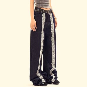 Pantalones Vaqueros Anchos de Cintura Alta con Rayas de Encaje para Mujer, Diseño Personalizado, Estilo Casual - Product Image 4