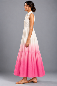 Vestido camisero largo de algodón cambray con efecto ombré para mujer – Vestido sin mangas con botones al frente y volantes para verano/primavera - Product Image 2