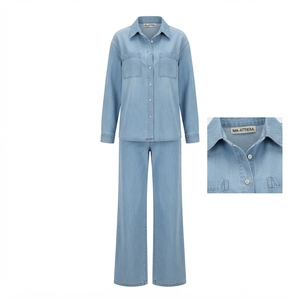 Women Light Blue Denim <b>Shirt</b> And Wide Leg Jeans Set Casual Two Piece Matching Denim Outfit Streetwear Fashion - Product Image 3