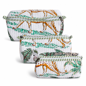 Elegant Jungle Print 3 Piece Cosmetic Pouch Set <b>Quilted</b> Cotton <b>Makeup</b> <b>Bags</b> for Women Travel Vanity Toiletry Storage Organizer - Product Image 4