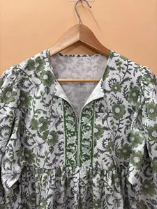 Ethnic Floral Hand Print Cotton Midi <b>Dress</b> With Tie Neck Short Puff Sleeve <b>Loose</b> Fit Casual Summer <b>Dress</b> For Women - Product Image 5