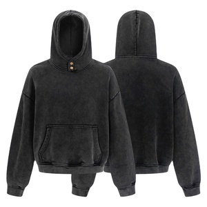 Custom High-quality Heavyweight Hoodie Washed and Distressed Men's Cotton <b>Fleece</b> Hoodie Casual Vintage <b>Black</b> Loose Hoodies - Product Image 2