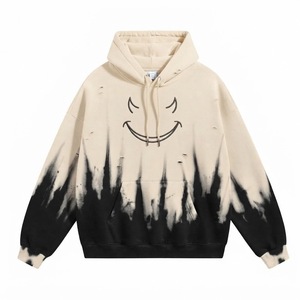 เสื้อฮู้ดดี้โอเวอร์ไซส์แบบยูนิเซ็กซ์ สีเขียวเทา พิมพ์ลายหน้ายิ้ม ประดับด้วยคริสตัล  ผ้าเฟรนช์เทอร์รี่เนื้อหนา ซักแบบแอซิดวอช สวมใส่สบายๆ ในฤดูร้อน - Product Image 2