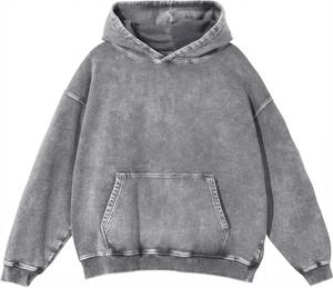 Sweat à capuche noir délavé surdimensionné pour homme, couleur unie, style décontracté automne, 100 % coton, molleton bouclette, manches longues, avec poches - Product Image 3