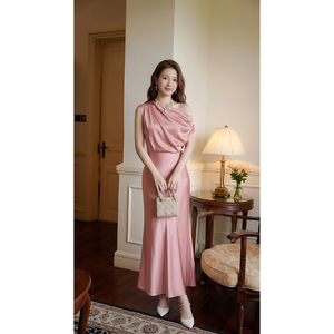 Robe longue plissée élégante pour femme, col polo, taille naturelle, coupe droite, ceinturée, éco-responsable, qualité supérieure - Product Image 3