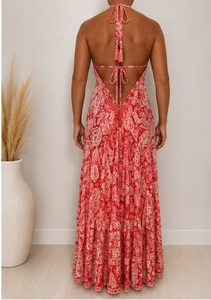 Women's Red Paisley Print Boho V-neck Fit Flare Maxi <b>Dress</b> Woven 100% <b>Silk</b> Regular Fit <b>Summer</b> Casual Wear Floor-Length Ruffles - Product Image 2