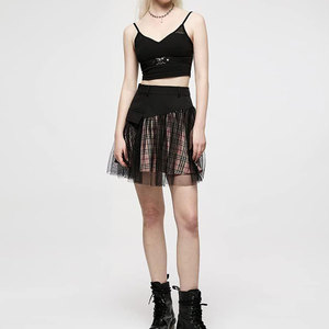 Mini-jupe gothique rose à carreaux pour femme - Jupe punk asymétrique taille haute en tulle et maille avec détail poche - Product Image 4