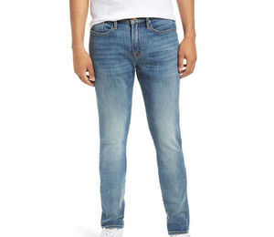 Jean en denim pour homme style streetwear avec détails blancs, disponible en gros (OEM) à prix abordable - Product Image 1