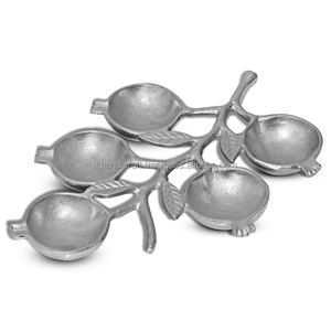 Cuenco Decorativo de Latón Plateado con Diseño de Rama de Granada de 5 Secciones, Estilo Moderno Abstracto, Texturizado, de Alta Demanda - Product Image 1